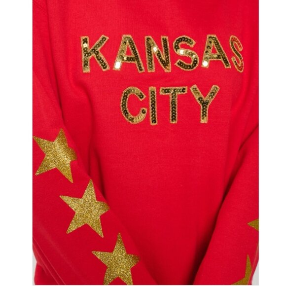 Women's Size Medium Kansas City Red Sweatshirt with Gold Glitter Stars Sequins - Picture 1 of 4